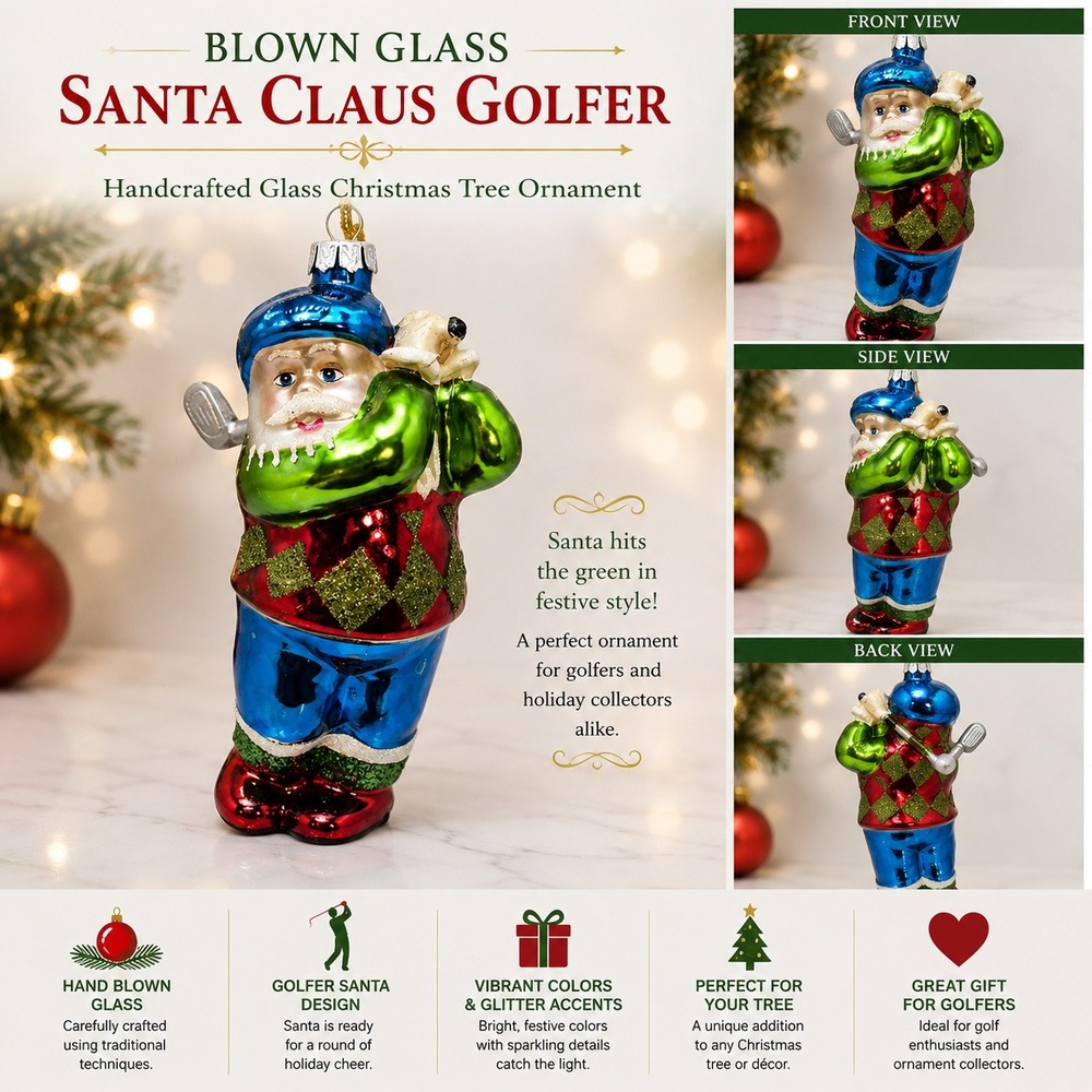 Vintage Style Blown Glass Golfer Christmas Ornament Harlequin Vest Glitter‎ 5in